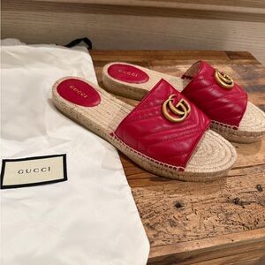 Gucci Red Leather GG Espadrille Slide Mules